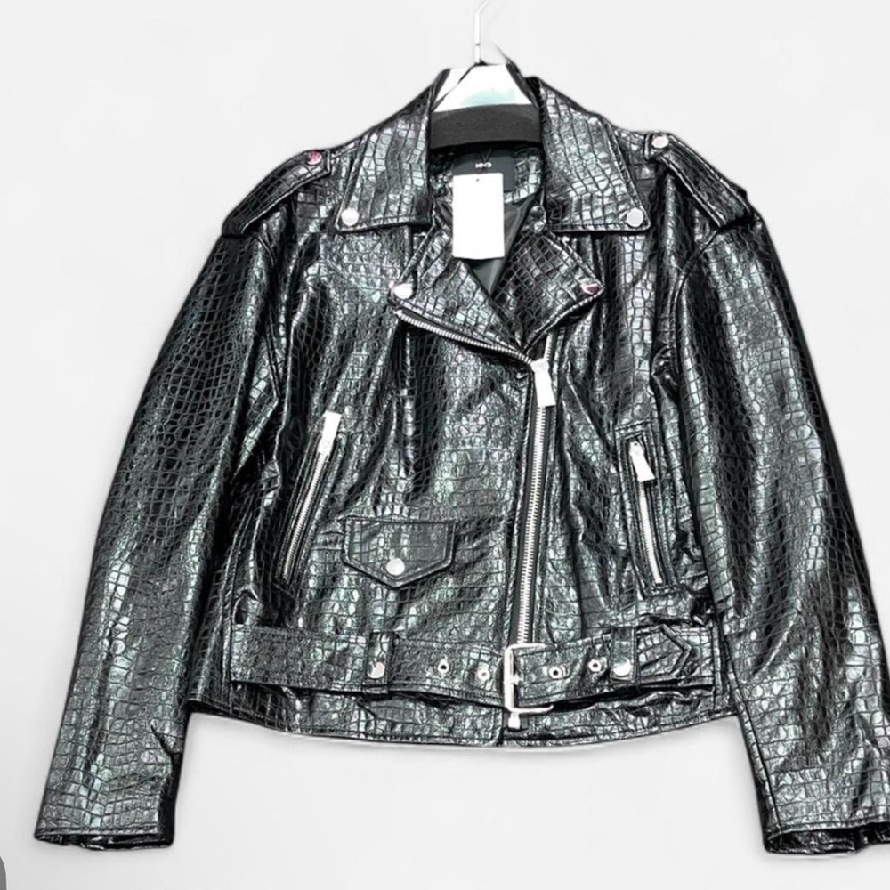 Mango Black Croc-Pattern Leather Jacket - image 1